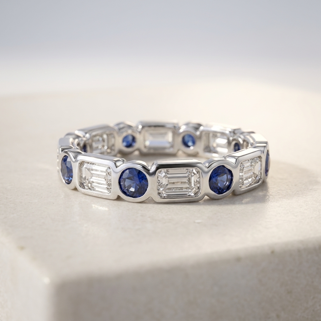 Emerald Diamond Round Sapphire Ring 
